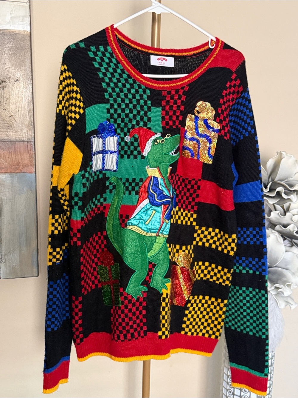 Holiday Time Multicolor Crewneck Sweater with Green Dinosaur